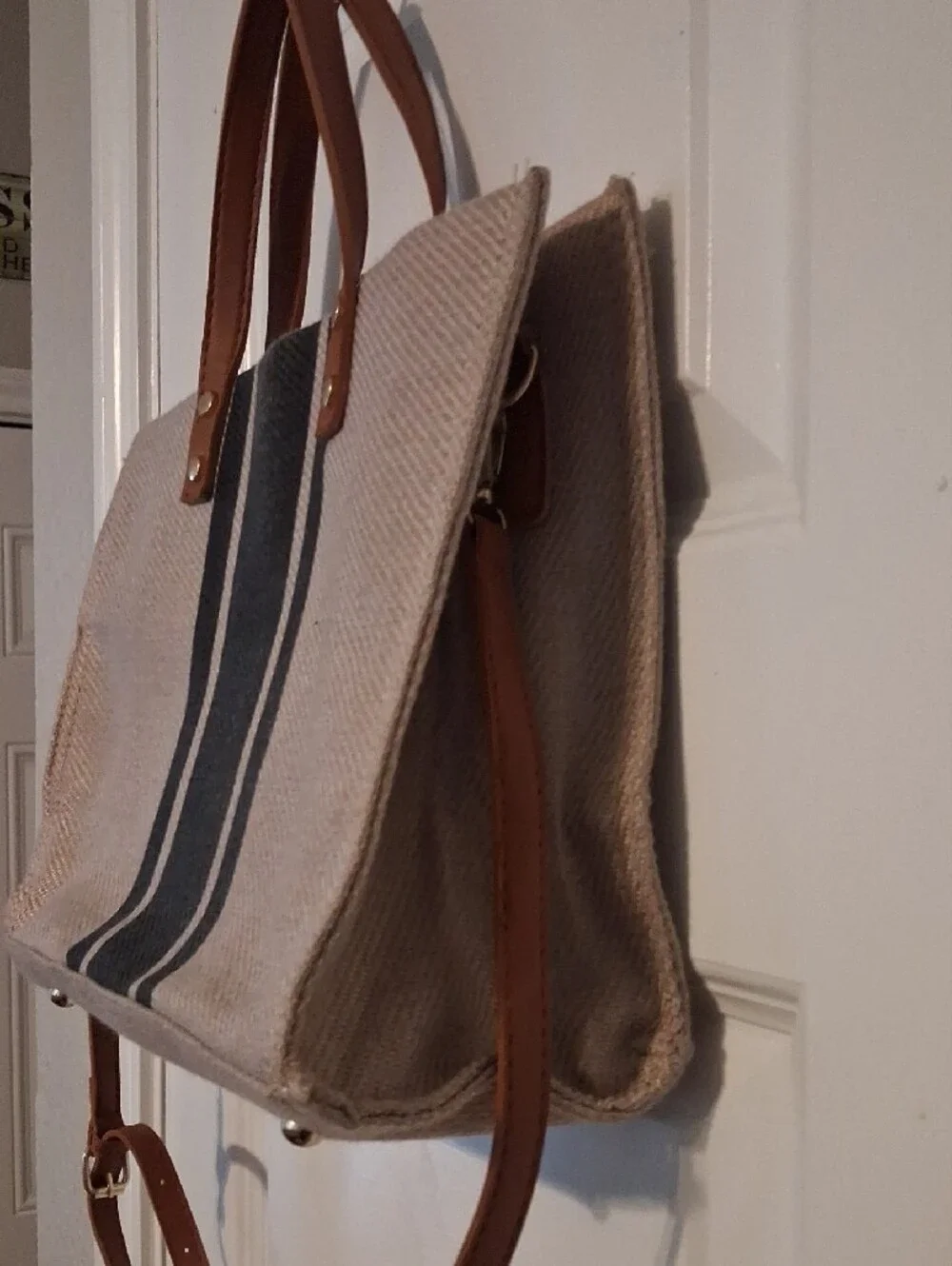 Canvas Tote Messenger Bag with Brown Trim and Black Stripe